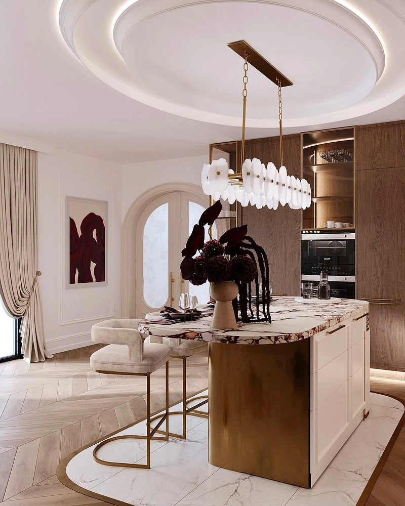 Insula privită dinspre living, cu masa de dining și fereastra arcuită în fundal.