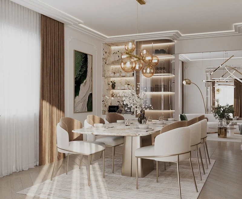 Diningul văzut dinspre fereastră, cu lumina care cade pe scaune și cu deschiderea către living în dreapta.